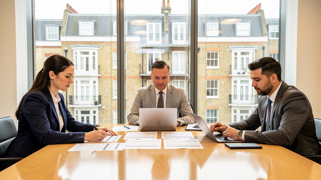 Property solicitor and RICS surveyor reviewing lease extension documents at a conference table with London apartment building visible through window