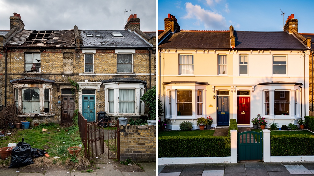 Before and after renovation of a Victorian terraced house in West London showing energy efficiency improvements including new windows and insulation