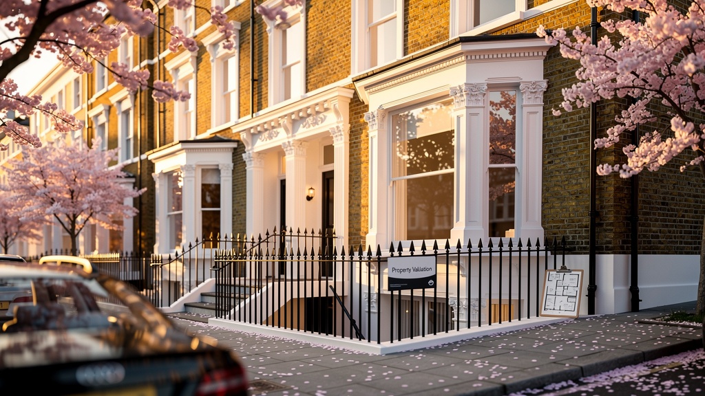 Elegant Victorian terraced house exterior in Fulham West London with white sash windows and black iron railings under cherry blossom trees