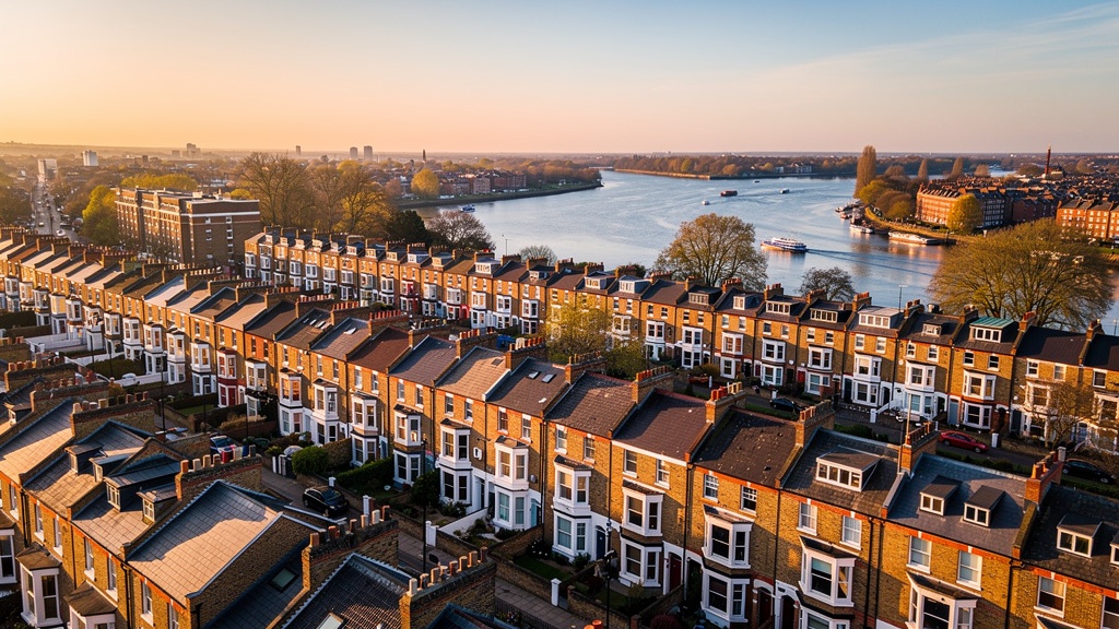 Aerial view of Hammersmith residential streets with Victorian properties near the River Thames