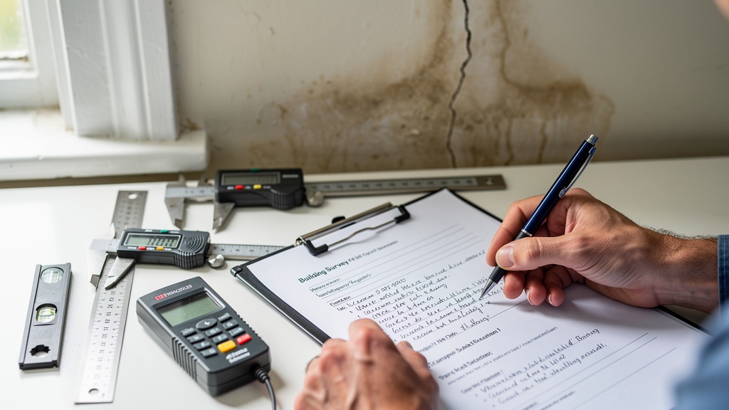 Detailed schedule of condition report being completed by a surveyor inspecting a rental property