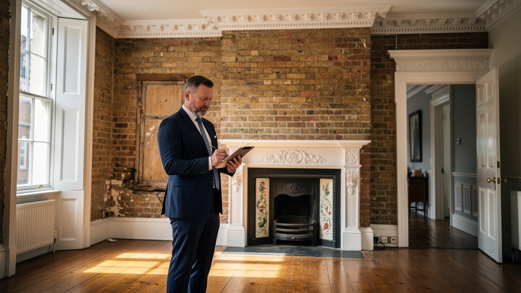 RICS surveyor inspecting a property interior and assessing insulation and heating systems for energy efficiency
